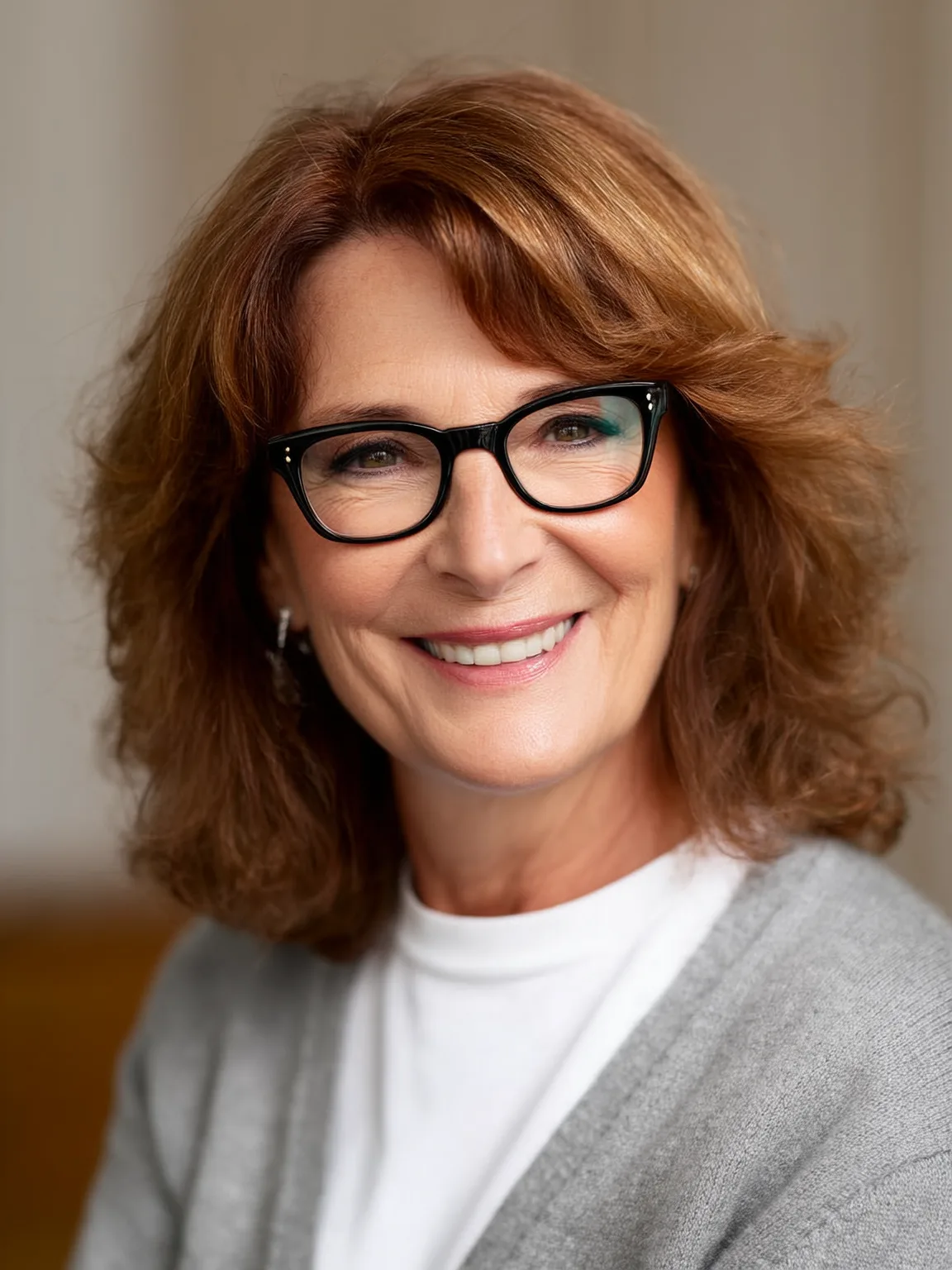 Warm Auburn Brown Soft Layers with Side-Swept Bangs